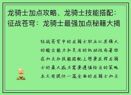 龙骑士加点攻略、龙骑士技能搭配：征战苍穹：龙骑士最强加点秘籍大揭秘