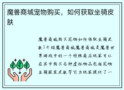 魔兽商城宠物购买，如何获取坐骑皮肤