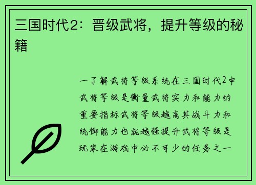 三国时代2：晋级武将，提升等级的秘籍