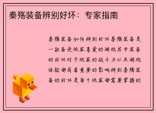 秦殇装备辨别好坏：专家指南